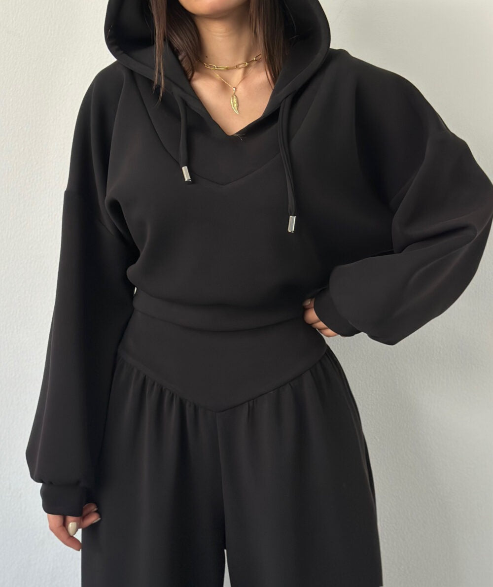 Women's V-Neck Cropped Hoodie & Wide Leg Pants 2-Piece Set