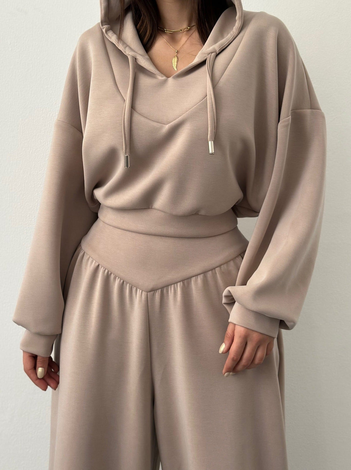 Women's V-Neck Cropped Hoodie & Wide Leg Pants 2-Piece Set