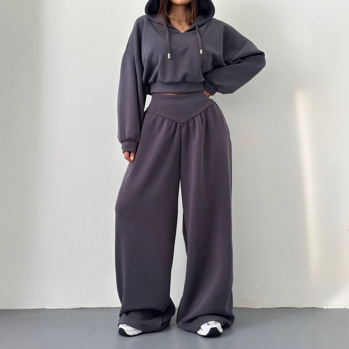 Women's V-Neck Cropped Hoodie & Wide Leg Pants 2-Piece Set