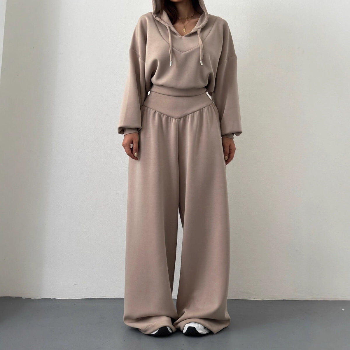 Women's V-Neck Cropped Hoodie & Wide Leg Pants 2-Piece Set