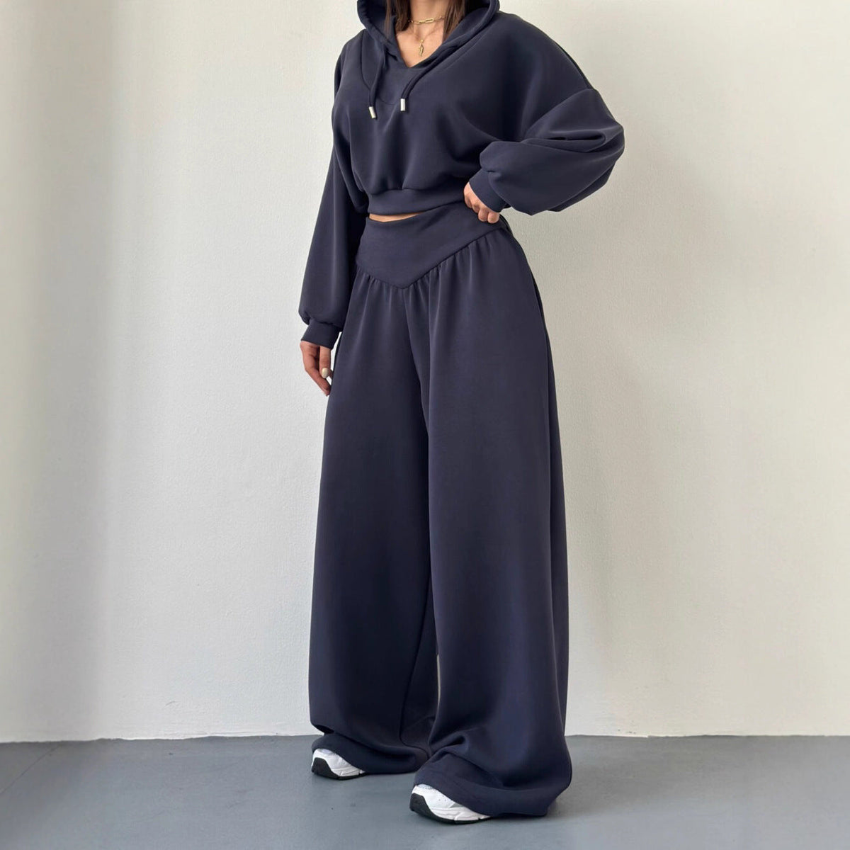 Women's V-Neck Cropped Hoodie & Wide Leg Pants 2-Piece Set