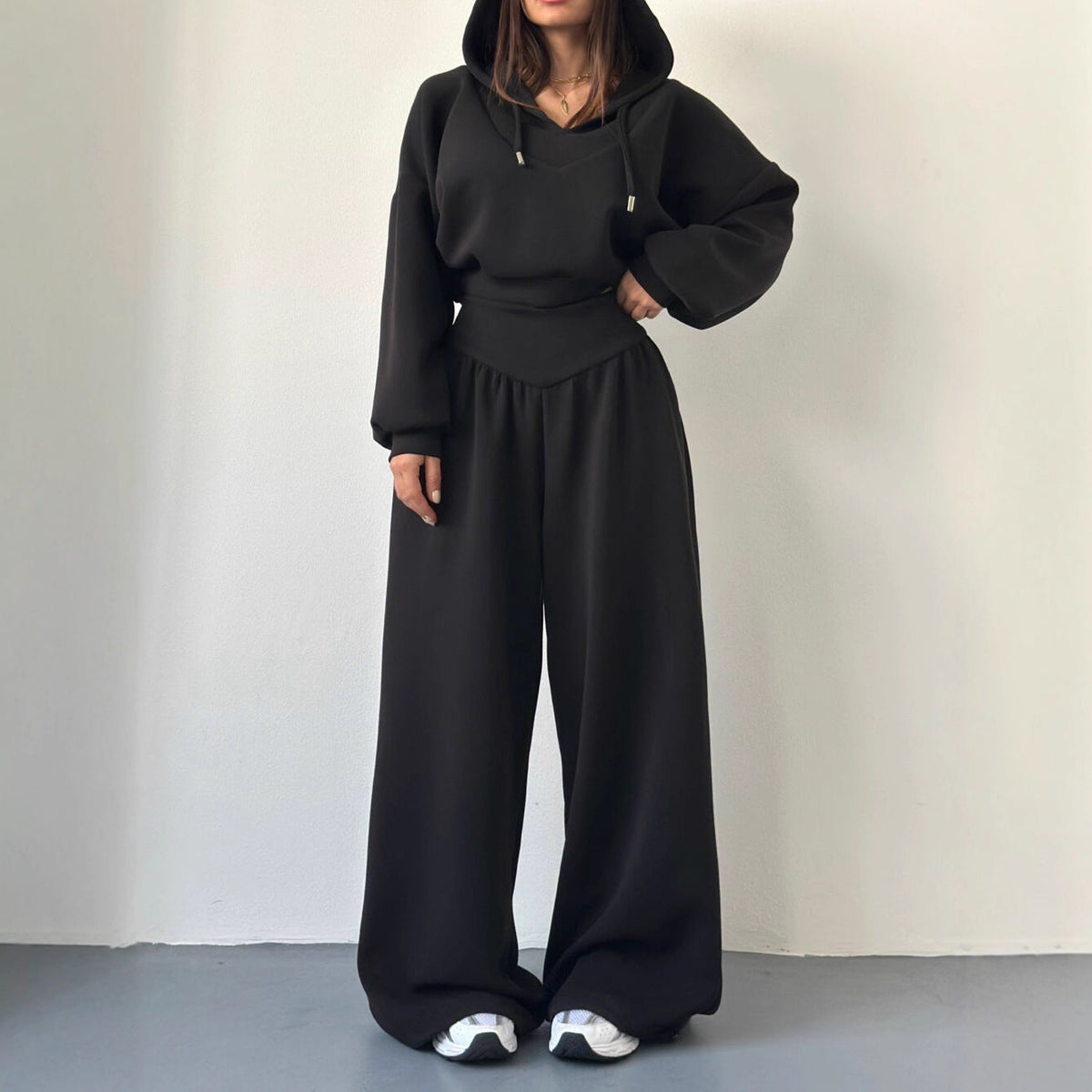 Women's V-Neck Cropped Hoodie & Wide Leg Pants 2-Piece Set