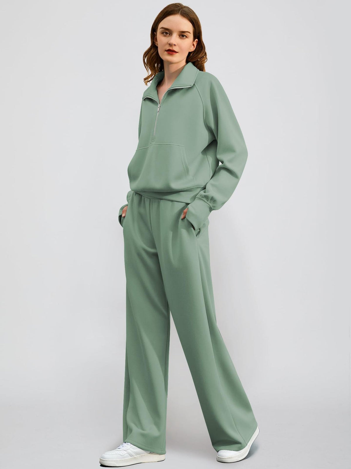 Women’s Half-Zip Sweatshirt Wide Leg Pants 2-Piece Set