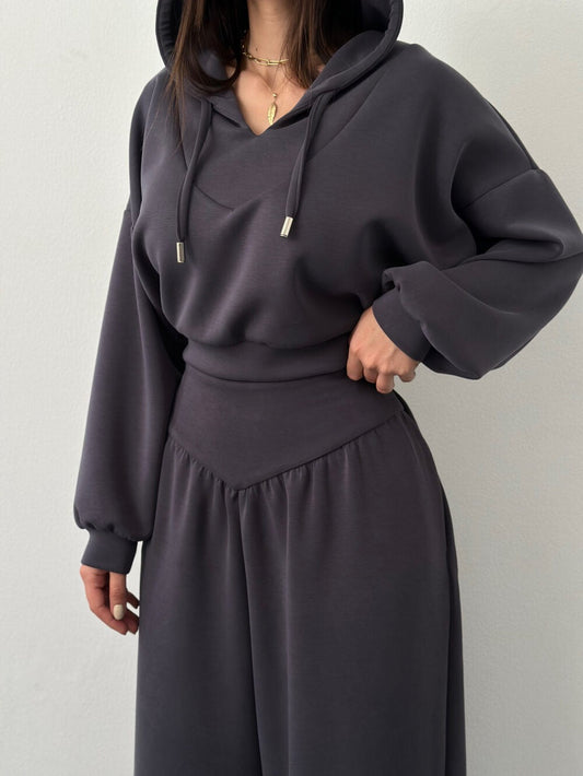 Women's V-Neck Cropped Hoodie & Wide Leg Pants 2-Piece Set