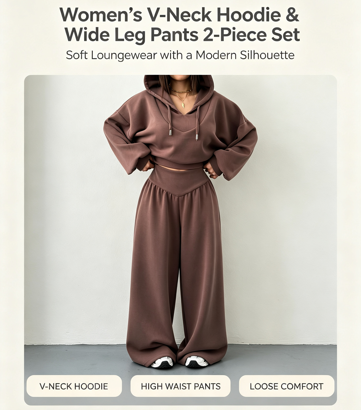Women's V-Neck Cropped Hoodie & Wide Leg Pants 2-Piece Set
