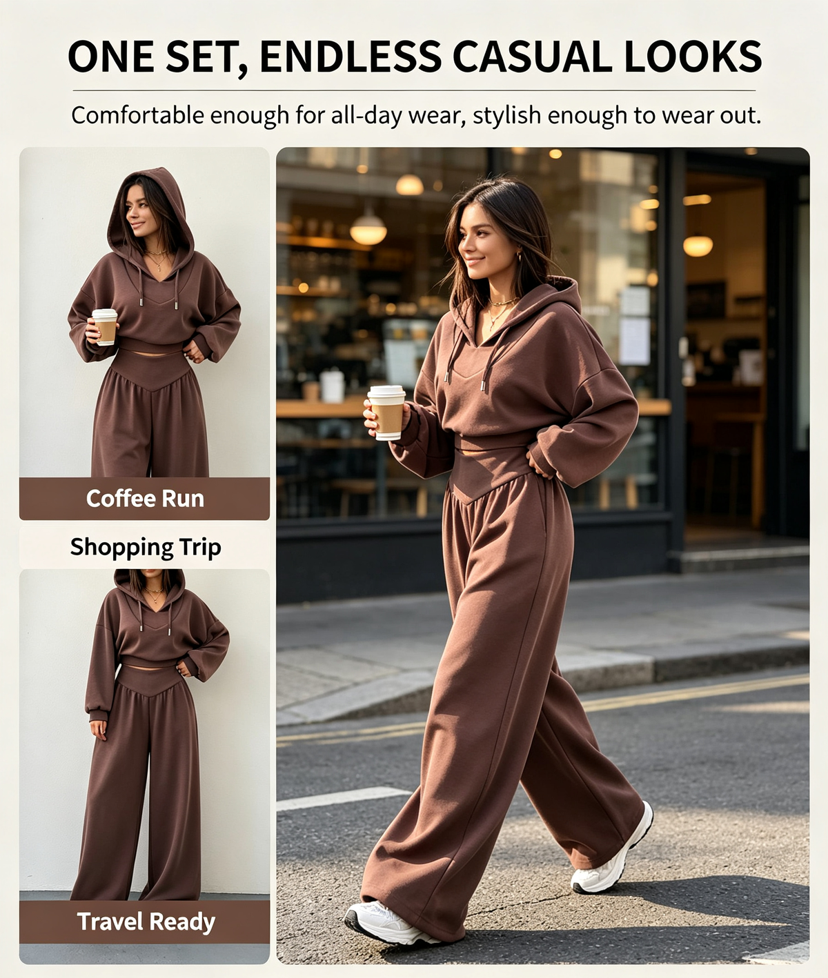 Women's V-Neck Cropped Hoodie & Wide Leg Pants 2-Piece Set