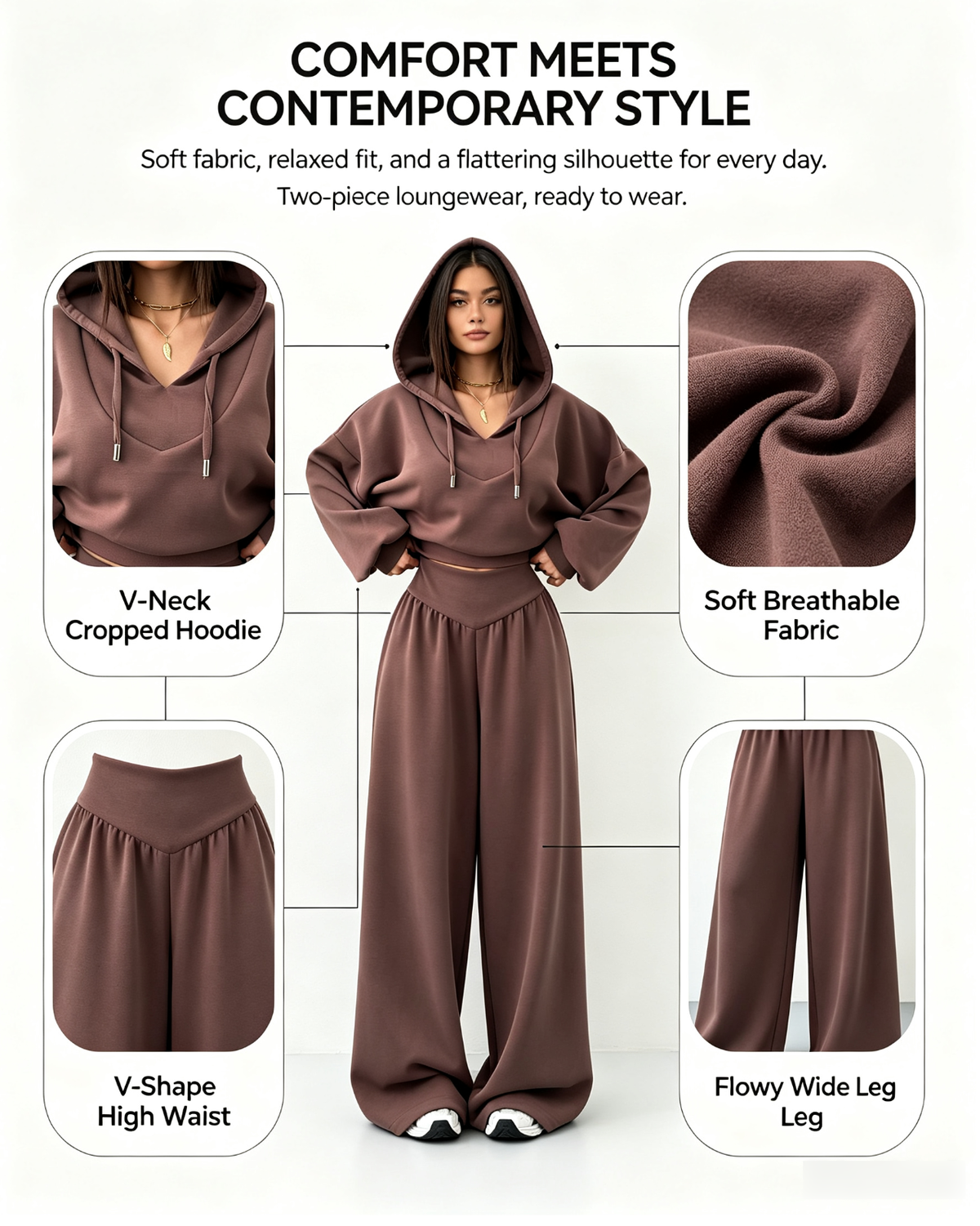 Women's V-Neck Cropped Hoodie & Wide Leg Pants 2-Piece Set